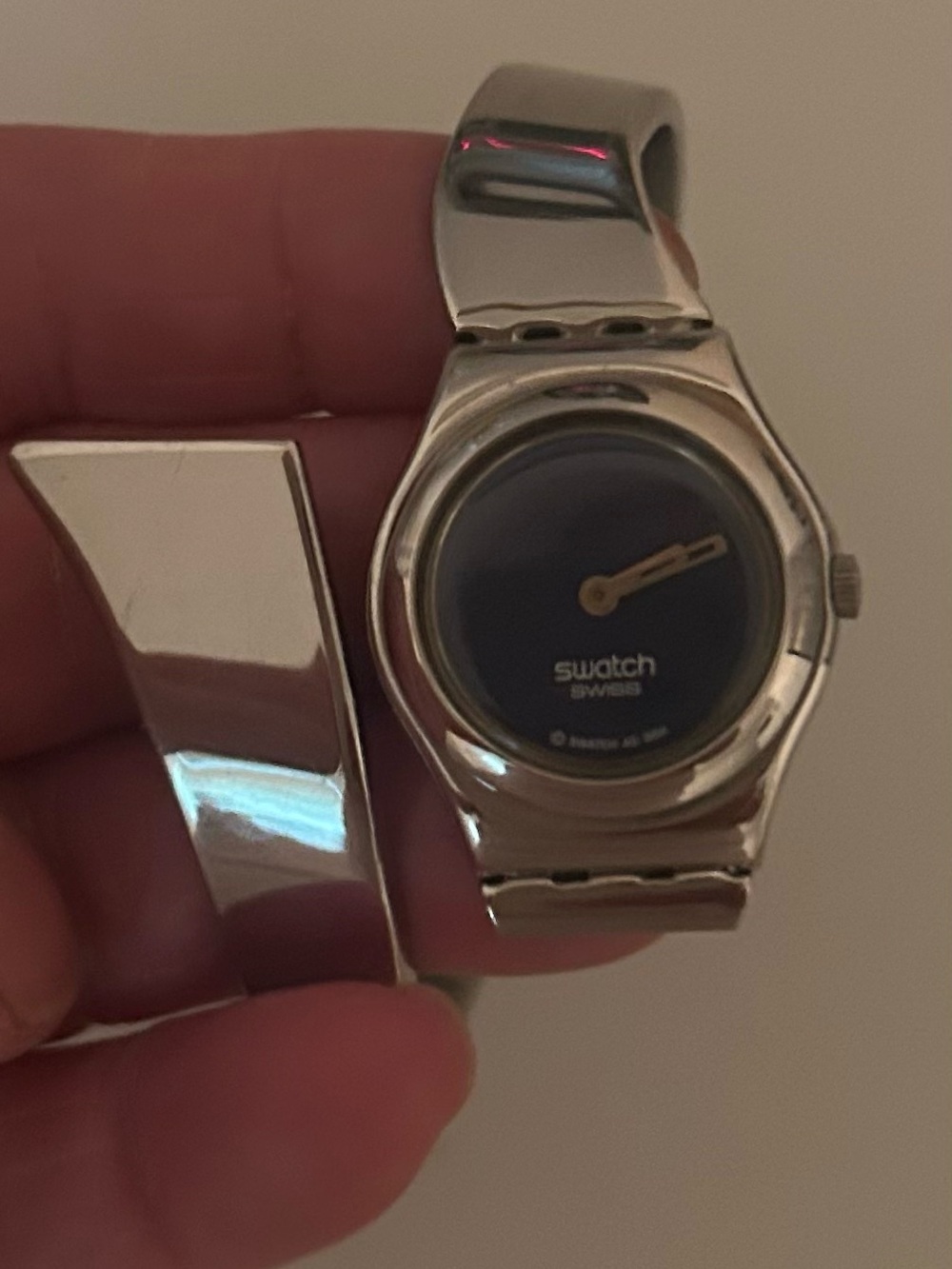 Swatch Women's Silver Bangle Watch with Navy Dial